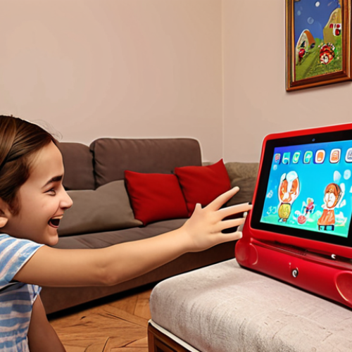 Home 4 **
A cozy living room scene in Turkey. A young Turkish girl is happily dancing while watching Cocomelon on a tablet. Her mother smiles warmly, watching her daughter. The tablet screen shows JJ singing a nursery rhyme. The overall atmosphere is warm and inviting.
**